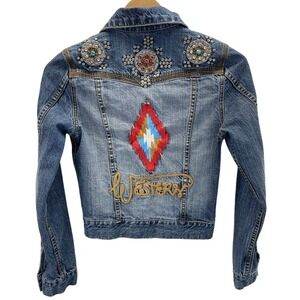 Western Denim Bank Jacket Southwestern Boho Tribal Studded Embroidered Small